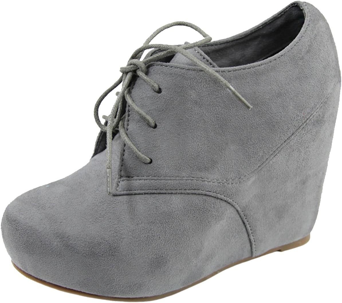 Anna Shoes Women's Hidden Platform Wedge Heel Lace up Ankle Bootie