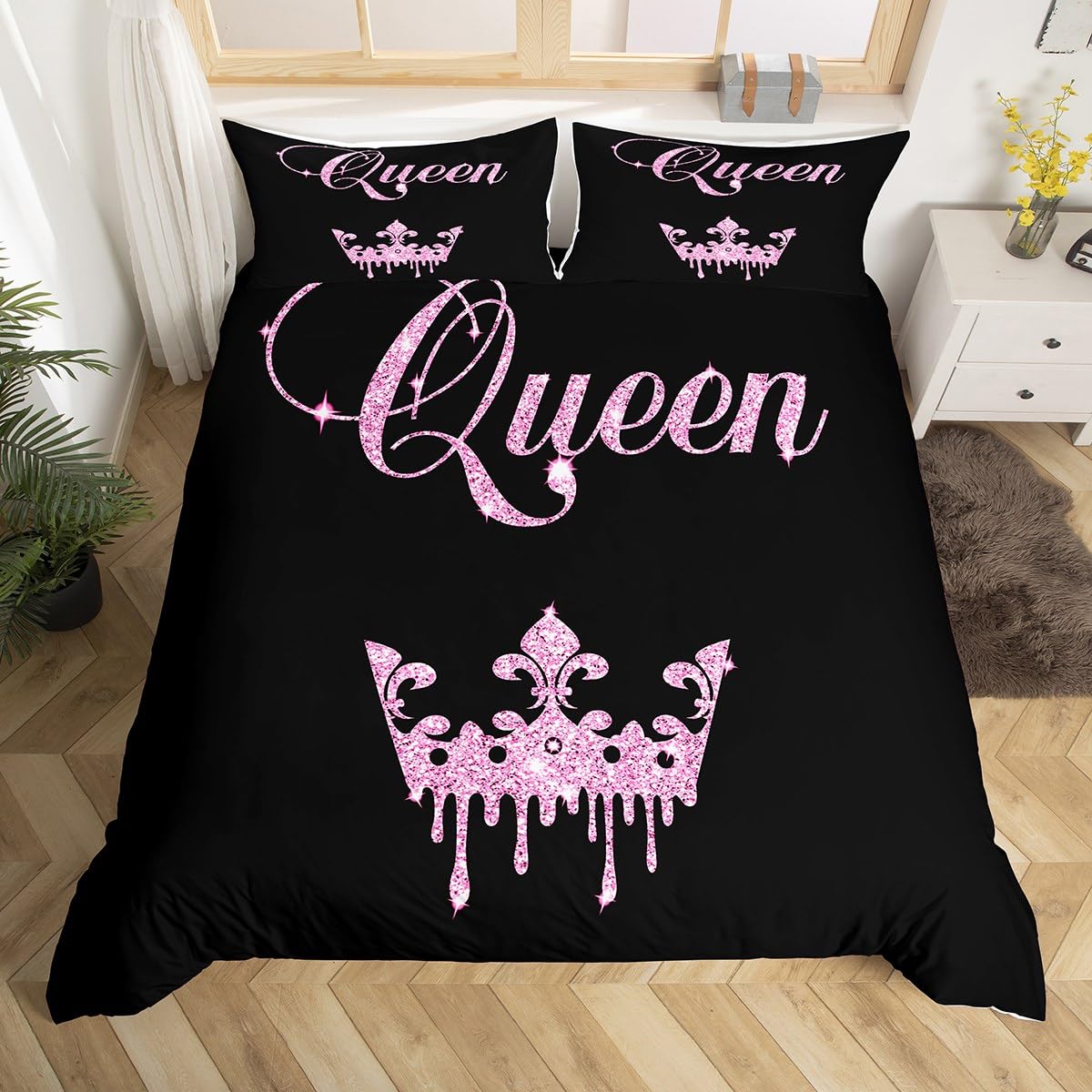 Homemissing Modern Queen Crown Duvet Cover Double Size Black and Pink Bedding Set Teens Adults Couple Comforter Cover Set 3 Pieces Girls Boys Valentines Day Gifts Bedding (No Glitter)