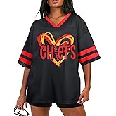 Oversized Football Game Day Shirt Women Sunday Funday Jersey Football Team Fans Mesh Tshirt V Neck Heart Graphic Tops