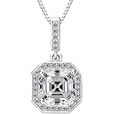 NANA Asscher Cushion Cut Halo CZ Simulated Diamond Solitaire Necklace Sterling Silver 7mm Zirconia Center Gemstone