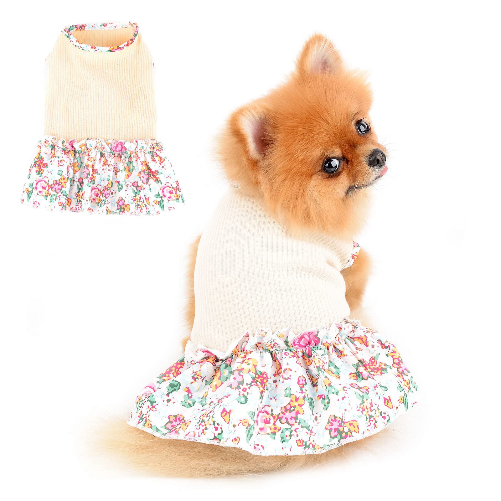 PAIDEFUL Dog Flowers Dress for Small Medium Dogs Cats Female Girls Soft Cotton Vest Tee Ruffled Skirt Breathable Tank Tops Puppy Chihuahua Yorkie Clothes T Shirts Pet Spring Summer Wearing Beige M