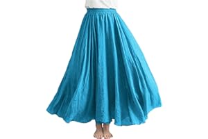 BORNIU Womens Linen Maxi Skirts Summer Boho Solid Beach Elastic High Waist Pleated A-Line Flowy Swing Long Maxi Skirts