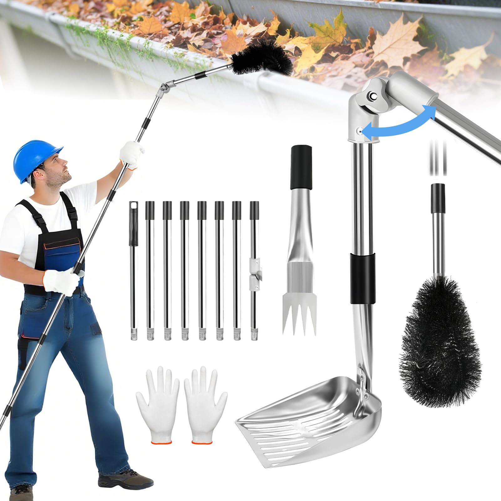 Photo 1 of 11.8FT Gutter Cleaning Tools from the Ground, Adjustable Length Gutter Cleaning Pole with Gutter Scoop, Gutter Brush, Gutter Rake, Efficient Gutter Cleaner for Leaves, Twigs & Debris