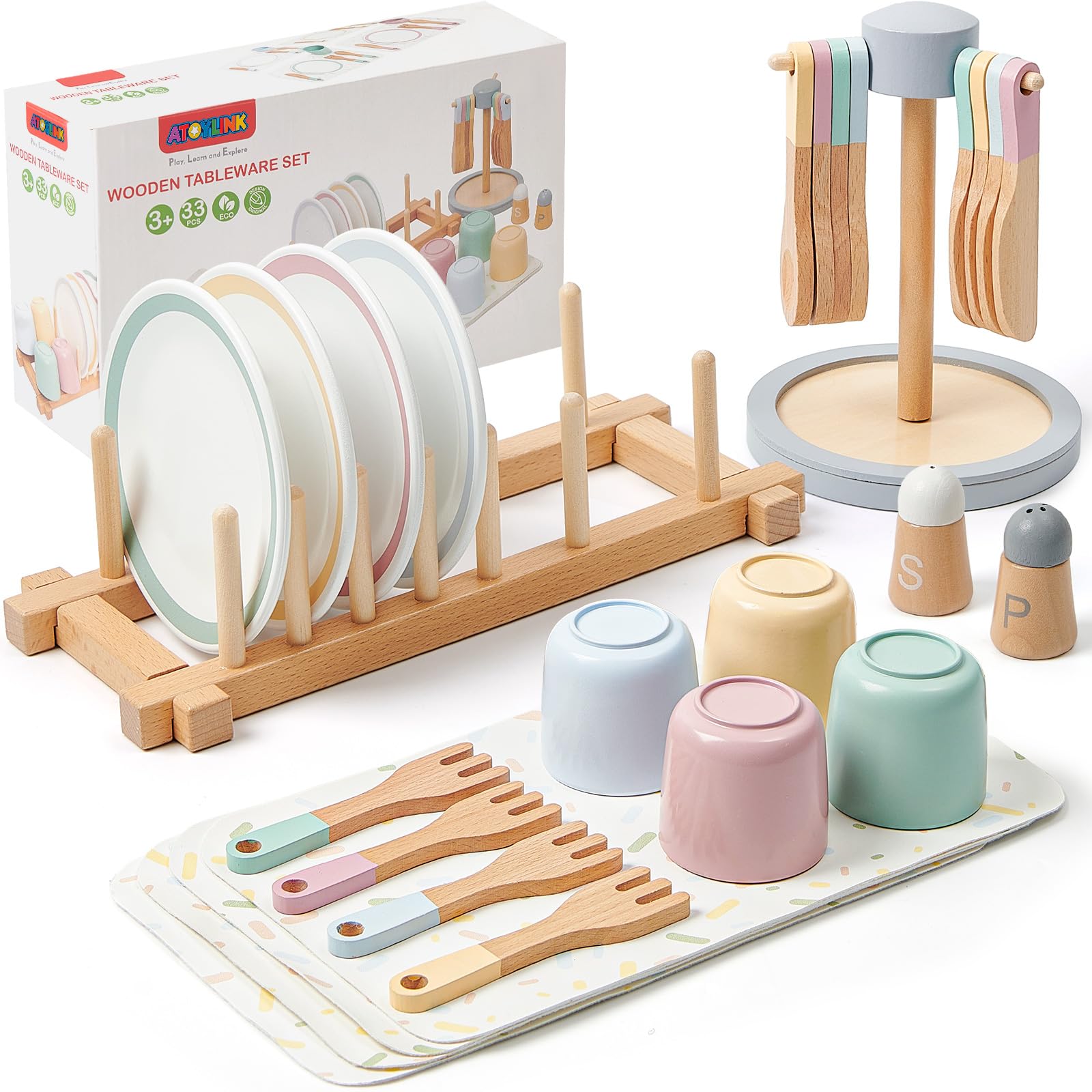 Atoylink Wooden Kitchen Toys, 33 PCS Kitchen Accessories Pots and Pans Playset Wooden Play Food Toys Role Play Toys Gift for Toddlers Girls Boys Age 3 4 5 6 Years
