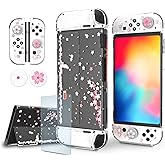 Cute Switch OLED Case – Dockable Glitter Clear Protective Cover with Cherry Blossom Design, Tempered Glass Screen Protector & Thumb Grips for Nintendo Switch OLED