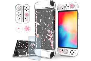 Switch OLED Protective Case, Switch OLED Clear Case with Tempered Glass Screen Protector and Thumb Grips - Cherry Blossom