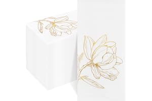 Joyido 50 Pack Gold Magnolia Napkins - Gold Floral Disposable Napkins - Cloth-Like Feel Dinner Paper - Vintage Heavy Duty Hand Towels for Bathroom Wedding Holiday Party Bridal Decorative Towels