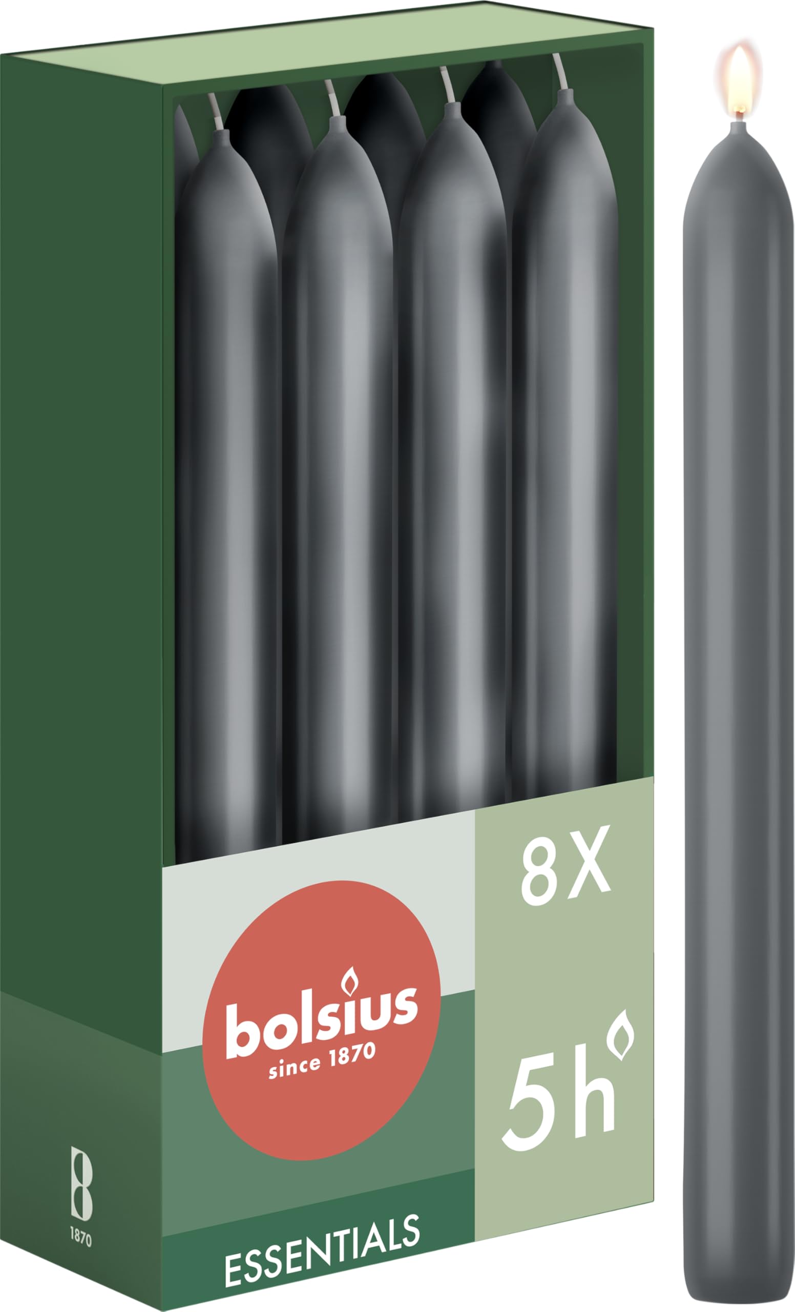 Bolsius Tapered Dinner Candles – Anthracite – 8-Pack – 17 cm – Long Burning Time of 5 Hours – Unscented – Includes Natural Vegan Wax – Without Palm Oil