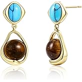 Aliyoham Vintage Turquoise Tiger Eye Earrings, 14K Gold Plated Dangle Earrings for Women, Chunky Gemstone Birthstone Jewelry