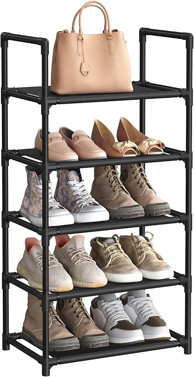 SONGMICS 5-Tier Shoe Rack 28x45x89 cm Metal Frame Non-Woven Shelves Black