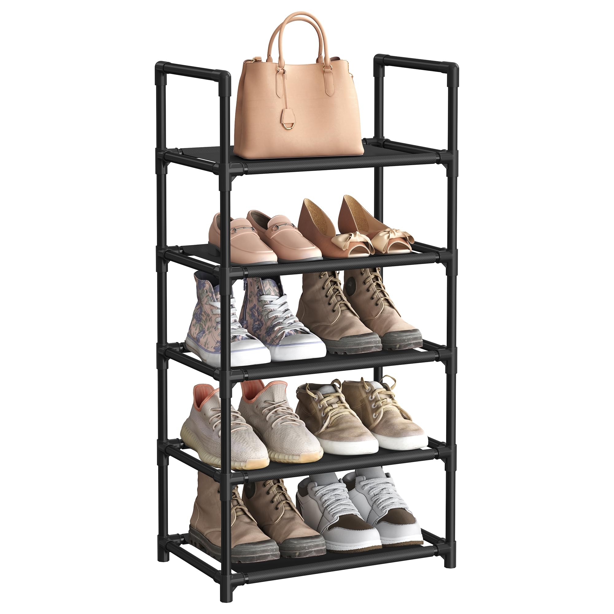 SONGMICS 5-Tier Shoe Rack, Shoe Shelf, Shoe Storage Organiser, Space-Saving, 28 x 45 x 89 cm, Metal Frame, Non-Woven Fabric Shelves, for Hallway, Bedroom, Black LSH005B02