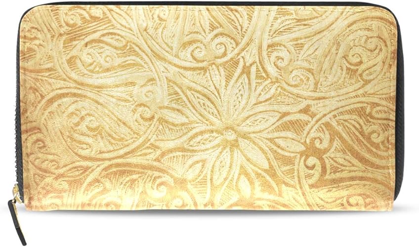 Amazon プラ Pula 長財布 レディース ファスナー ジッパー 木彫り Wood Carving 模様 金黄色 ふぐ 小銭入れ付 クラッチ財布 彼女 誕生日プレゼント クラッチ財布 大容量 ウォレット 財布