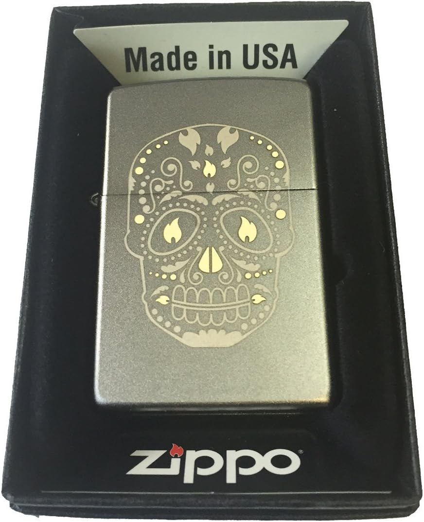 Zippo Custom Lighter - Sugar Skull w/Flame Eyes Design Satin Chrome