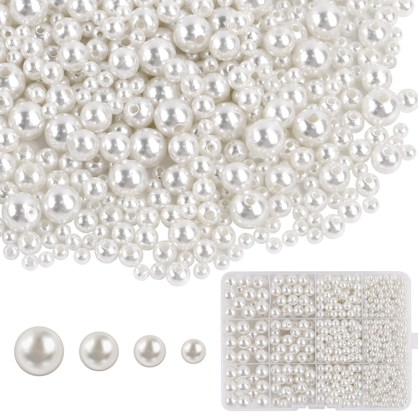 1480Pcs White Pearl Beads for Crafting, 4 6 8 10mm Round Pearls Various Size Mixed Acrylic White Beads for Bracelet Jewellery Earring Necklace Making DIY — image 1