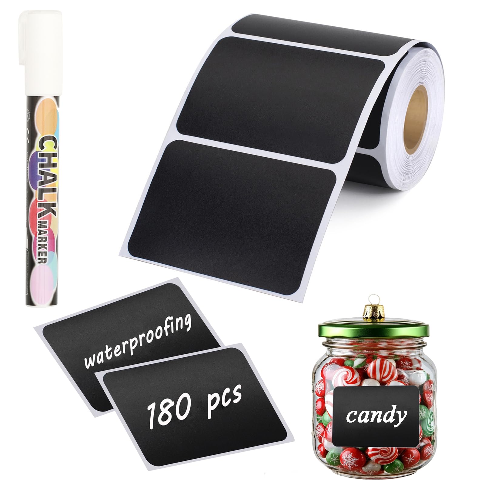 NANXJIUR 180 Pcs Chalkboard Labels, Reusable Blackboard Stickers with 1 Liquid Chalk Marker, Waterproof Chalkboard Stickers for Mason Jars, Parties Decoration, Craft Rooms, Bottle, Office Organize