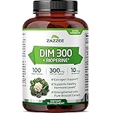Zazzee DIM 300 mg Per Capsule, 100 Count, Plus 10 mg BioPerine, Estrogen Balance, Hormonal Acne, Menopause Support, Hormonal Balance, Diindolylmethane, Vegan, All-Natural, Non-GMO, Made in The USA