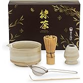 HIBINO Japanese Matcha Set | Matcha Bowl with Spout | Whisk & Holder | Bamboo Scoop & Stainless Sifter | 5-Piece Traditional Matcha Kit | Designed in Japan |「Rustic Beige」