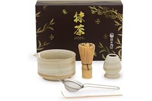HIBINO Japanese Matcha Set - Matcha Bowl with Spout, Matcha Whisk and Holder, Bamboo Matcha Scoop and Stainless Sifter - 5 Pcs - Traditional Matcha Kit - Designed in Japan - “Rustic Beige”