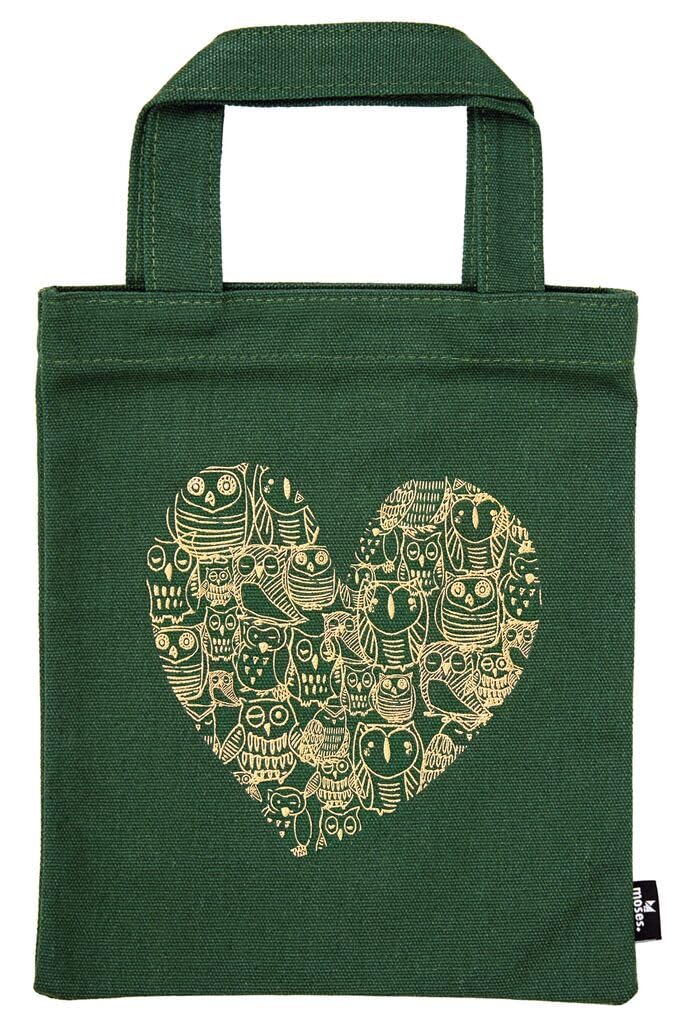moses. libri_x Book Bag Reading Love, Small Carry Bag Made of 100% Cotton, for Book Lovers, with Motif Embroidery, Owl heart, ca. 20 cm x 24 cm
