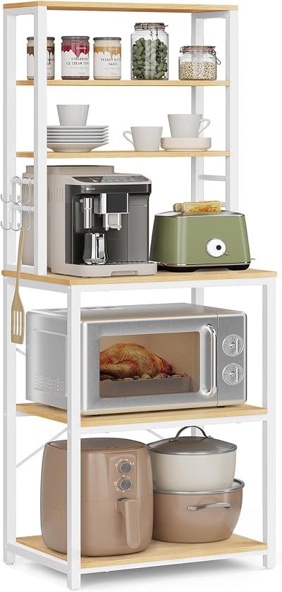 VASAGLE Kitchen Storage Rack 6 Shelves 6 Hooks 40x60x167 cm Golden Oak White