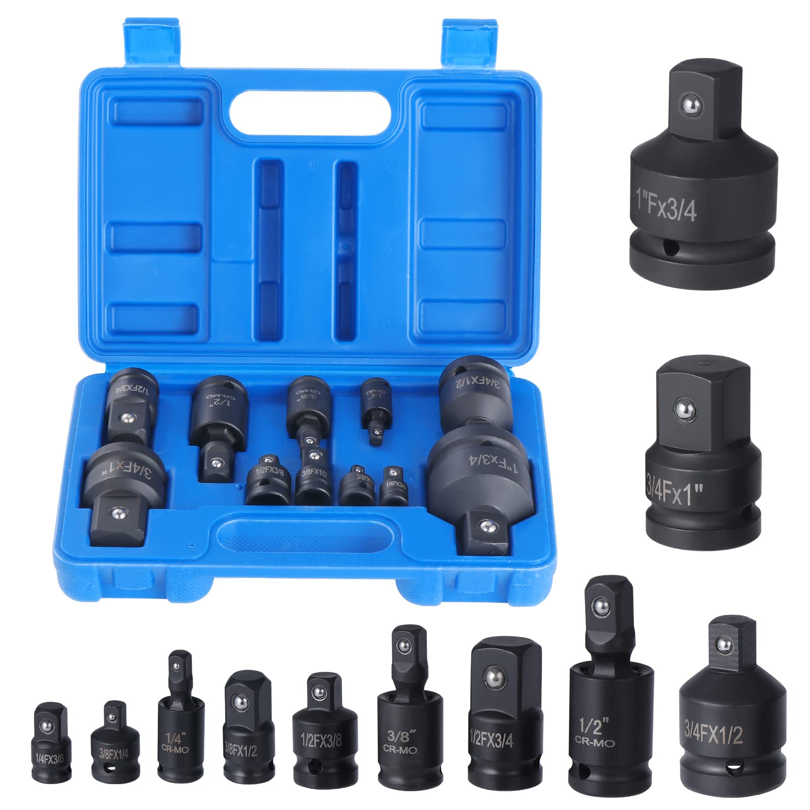 Faankiton 11PCS Impact Socket Adapter and Reducer Set, Universal Joint Swivel Sleeve Adapter Kit, Reducer Converter Adapter Set, 1/4" 3/8" 1/2" 3/4" Drive Socket Adapter Set with a Durable Case — image 1