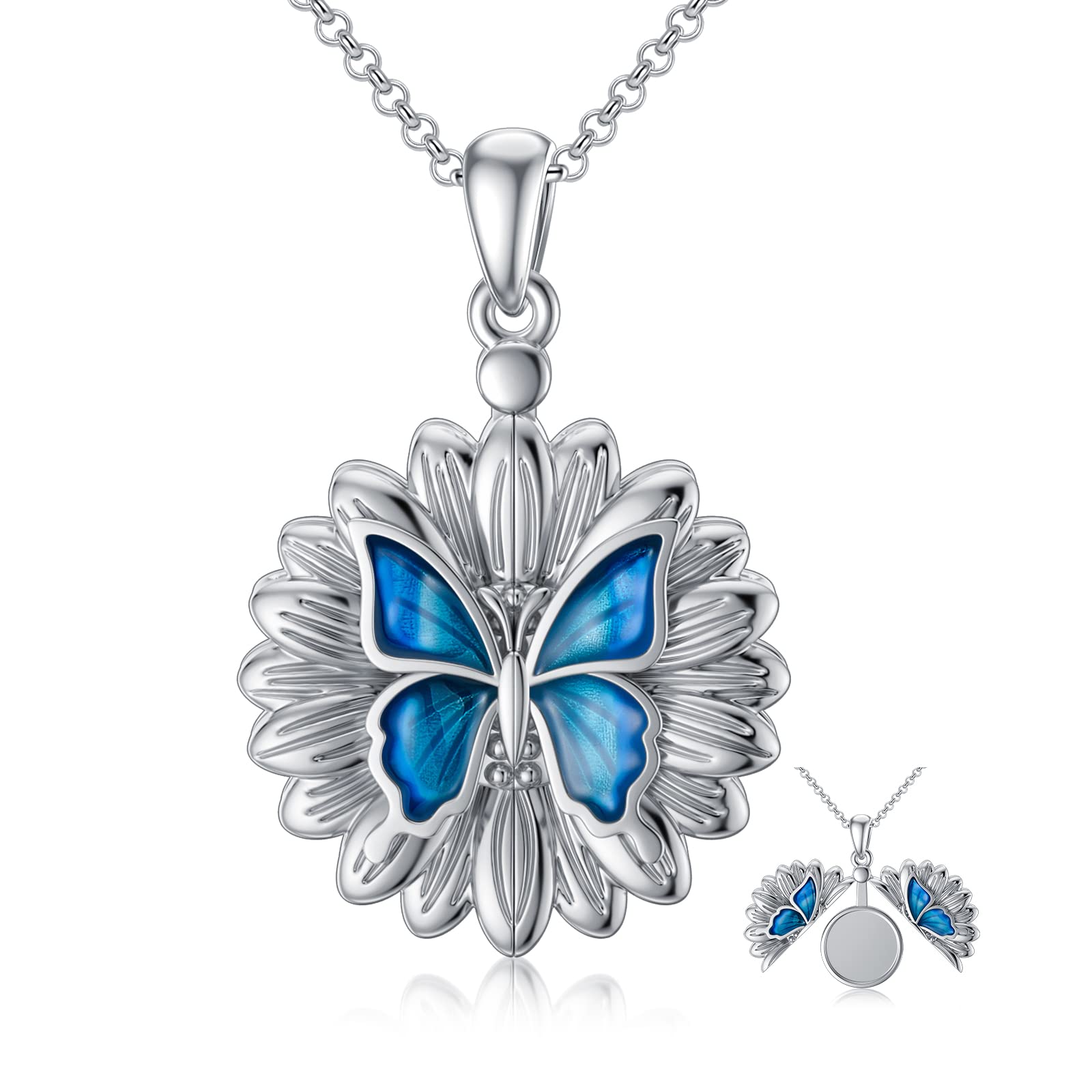 SOULMEET 1 Inch Round Sunflower Butterfly Locket Necklace That Holds 1 Picture Photo Sterling Silver Personalized Expandable Locket Necklace (Locket only)