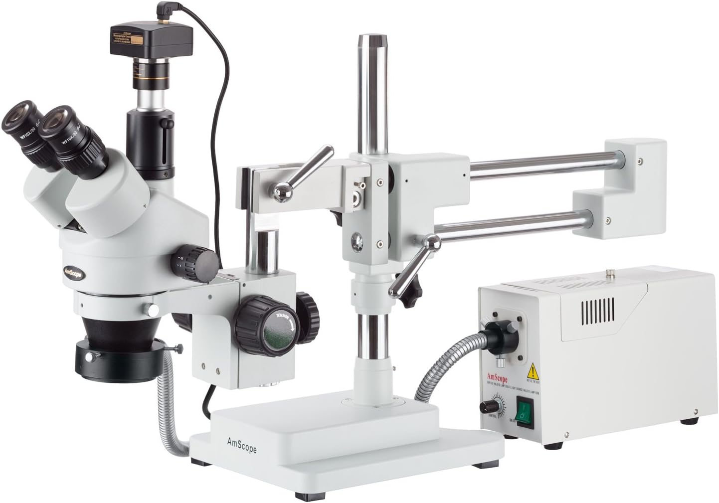 AmScope7X-90X Simul-Focal Stereo Zoom Microscope on Boom Stand with Fiber Optic Light + 10MP Camera - SM-4TPY-FOR-10M