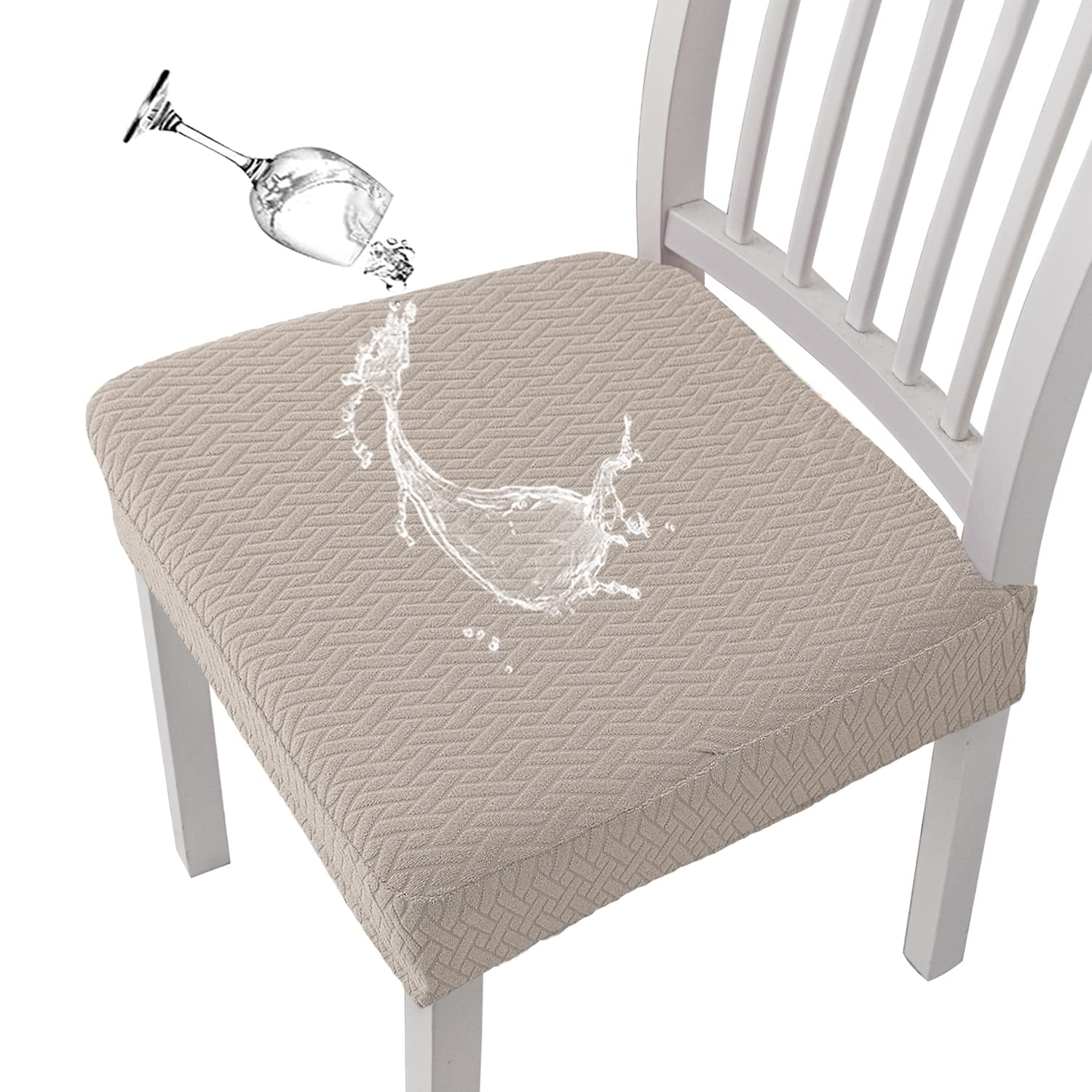 KELUINA Stretch Lattice Jacquard Waterproof Chair Seat Covers for Dining Room 1/2/4/6 PCS Chairs Covers Dining Chair Covers Kitchen Chair Covers (Khaki,4 Pcs)