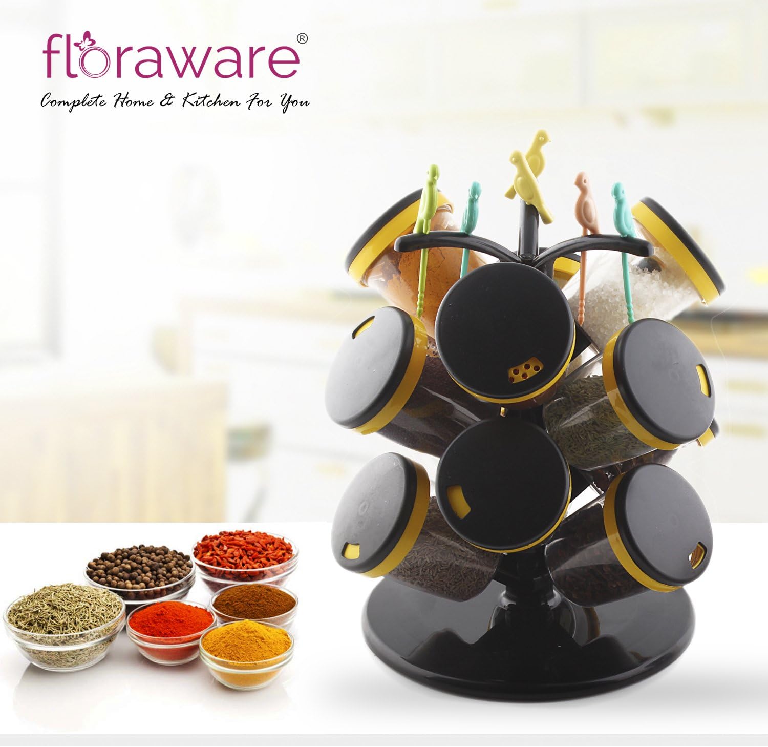Floraware Plastic Revolving Spice Rack Set, 12-Pieces Yellow