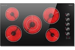 Karinear 36 Inch Electric Ceramic Cooktop, 5 Burner Radiant Electric Stove Top with Knob & Touch Control, 8900W High-Power Built-in Hob, 9 Heat Levels, 99-Min Timer, Child Lock, 240V Hardwired