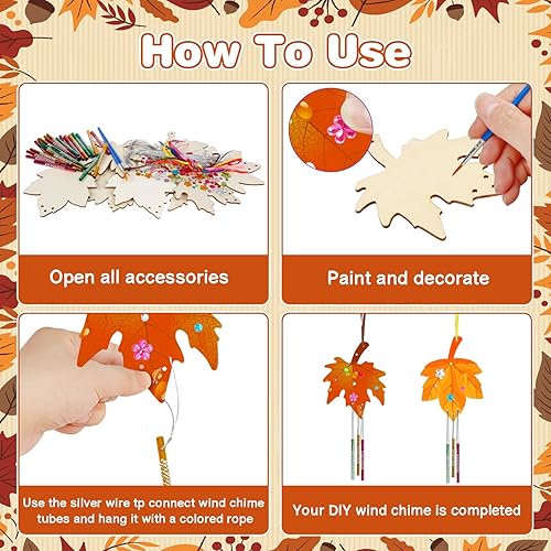 Shellwei Fall Wind Chime Craft Kit - 12 Pack DIY Wooden Pumpkin & Maple Leaf Painting Kit For Kids