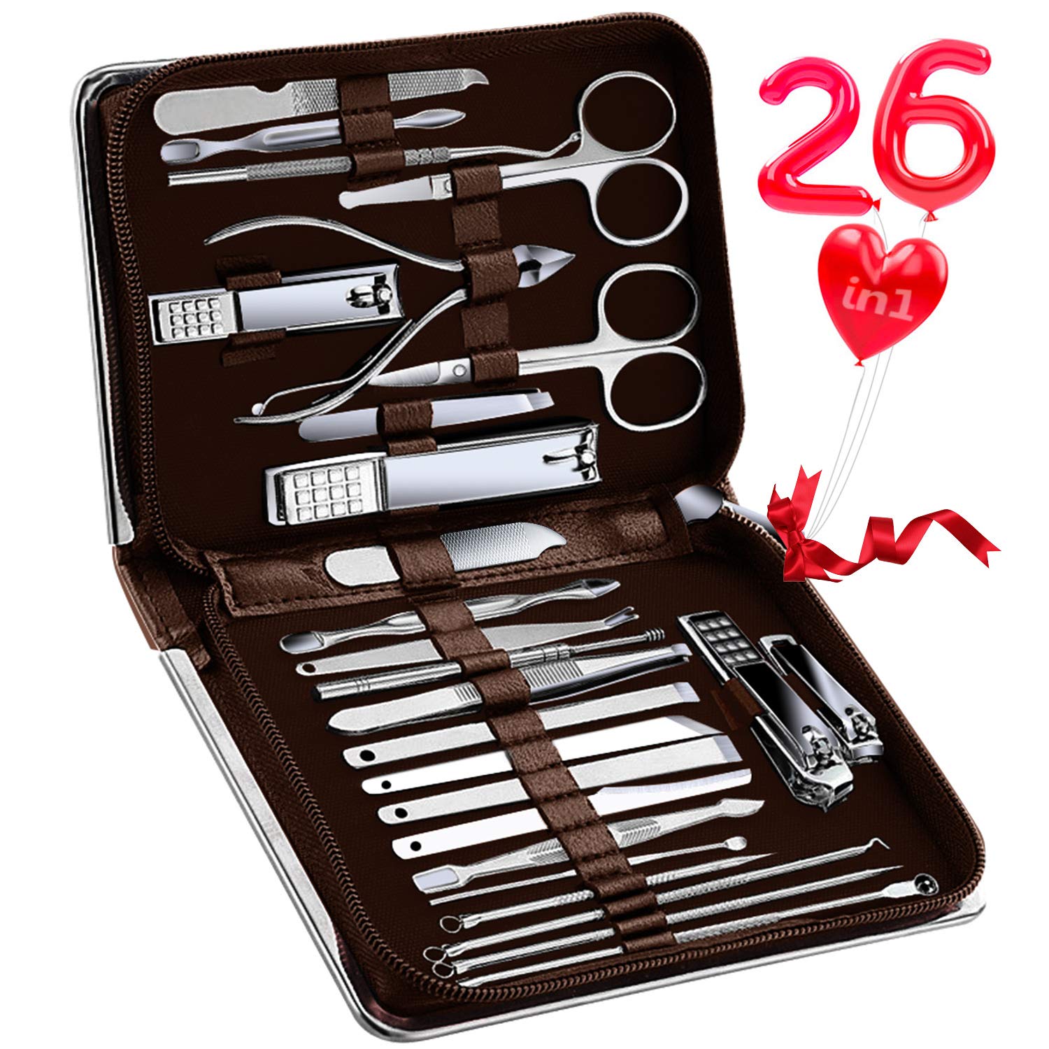 KITCCI Nail Clippers, Manicure Tools 26 in 1 Nail Set, Pedicure, Toenail Clippers, Fingernail Clippers with Leather Case, Nail Set Kit with Everything Professional (BROWN) : Beauty