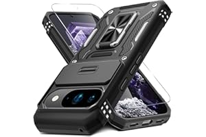 DEERLAMN Case for Google Pixel 10/10 Pro with Slide Camera Cover+Screen Protector(1 Pack), Rotated Ring Kickstand Military Grade Shockproof Protective Cover-Black