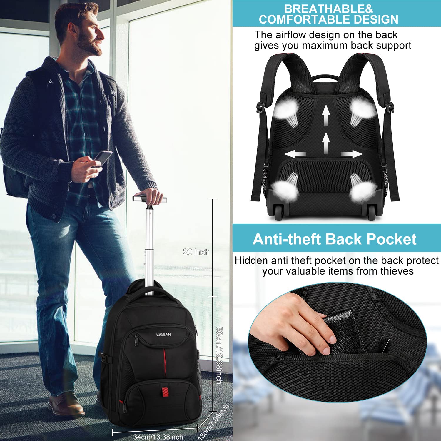 Rolling Backpack, Large Backpack with Wheels for Men Women Adults