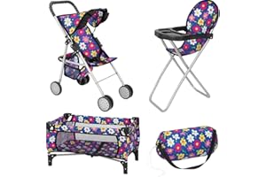 fash n kolor Doll 3 Piece Play Set Baby Doll Accessories - Includes, 1 Pack N Play. 2 Doll Stroller. 3 Doll High Chair. Fits Up to 18'' Doll (Flower)