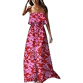 ZMPSIISA Women's Summer Off The Shoulder Maxi Dress Ruffle Strapless Blue White Porcelain Boho Casual Loose Long Dresses