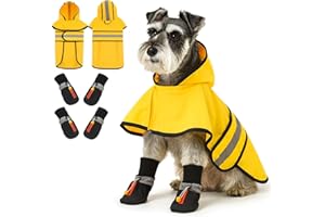 Sunnymove Dog Raincoat and Shoes for Weighing 10-22lbs, Winter Snowy Day Waterproof Dogs Boots & Paw Protectors, Adjustable Pet Poncho with Leash Hole for Large Medium Small Dogs, Yellow(Single Side)
