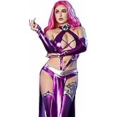 Mobbunny Movie Cosplay Costume for Women Purple Bodycon Outfit Halter Cutout Bodysuit with Gloves Stockings