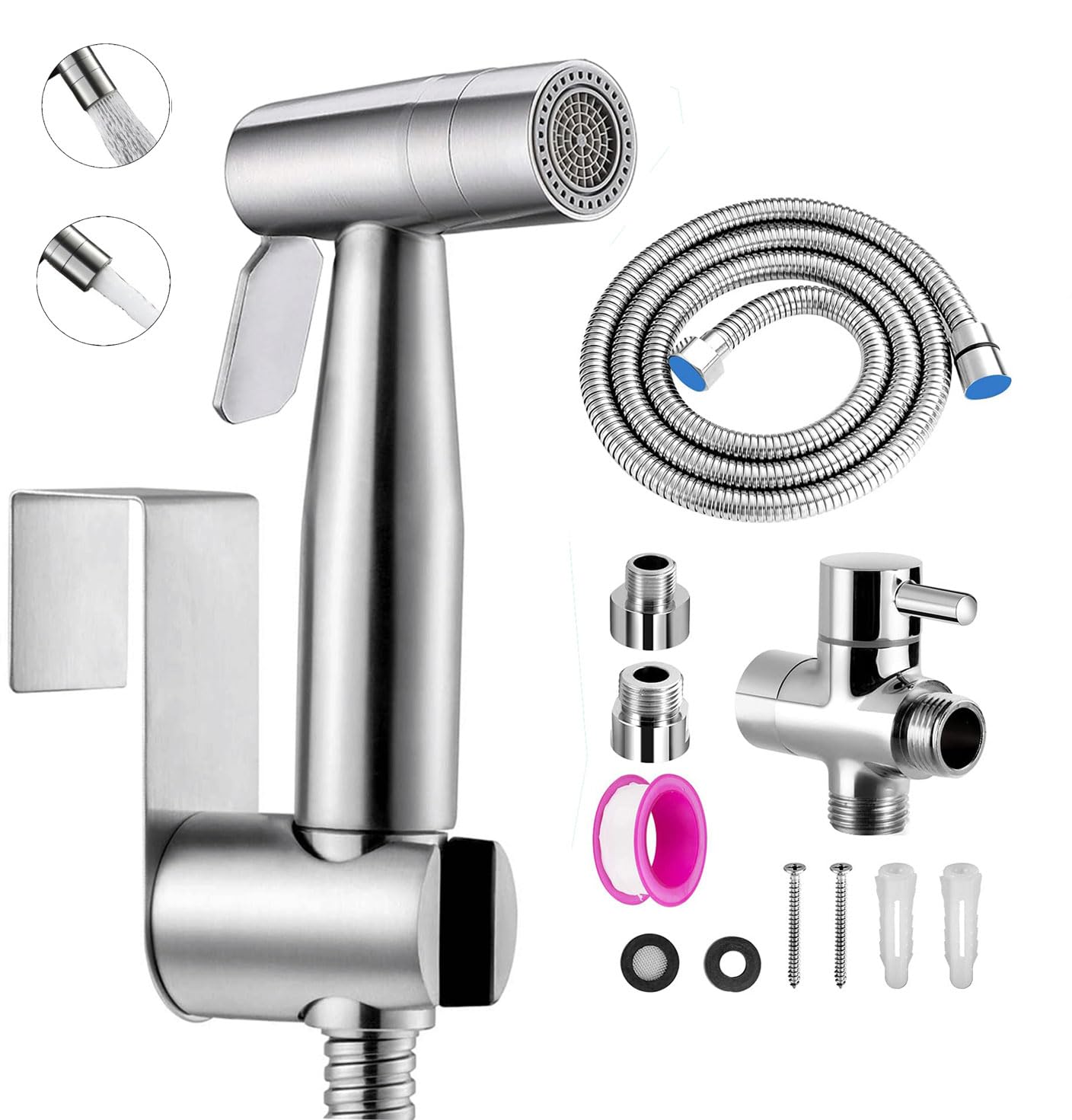 2 Modes Bidet Shower Kit, Stainless Steel Bidet Hand Shower for Bidet Toilet Shower with T-Valve, 1.5m Shower Hose and Hand Shower Holder(Bidet Sprayer Set)