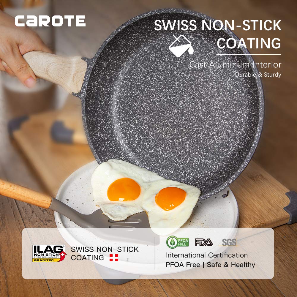 Carote 10インチ ノンスティックフライパンスキレット ストーン調理器具グラナイトコーティング ブラック