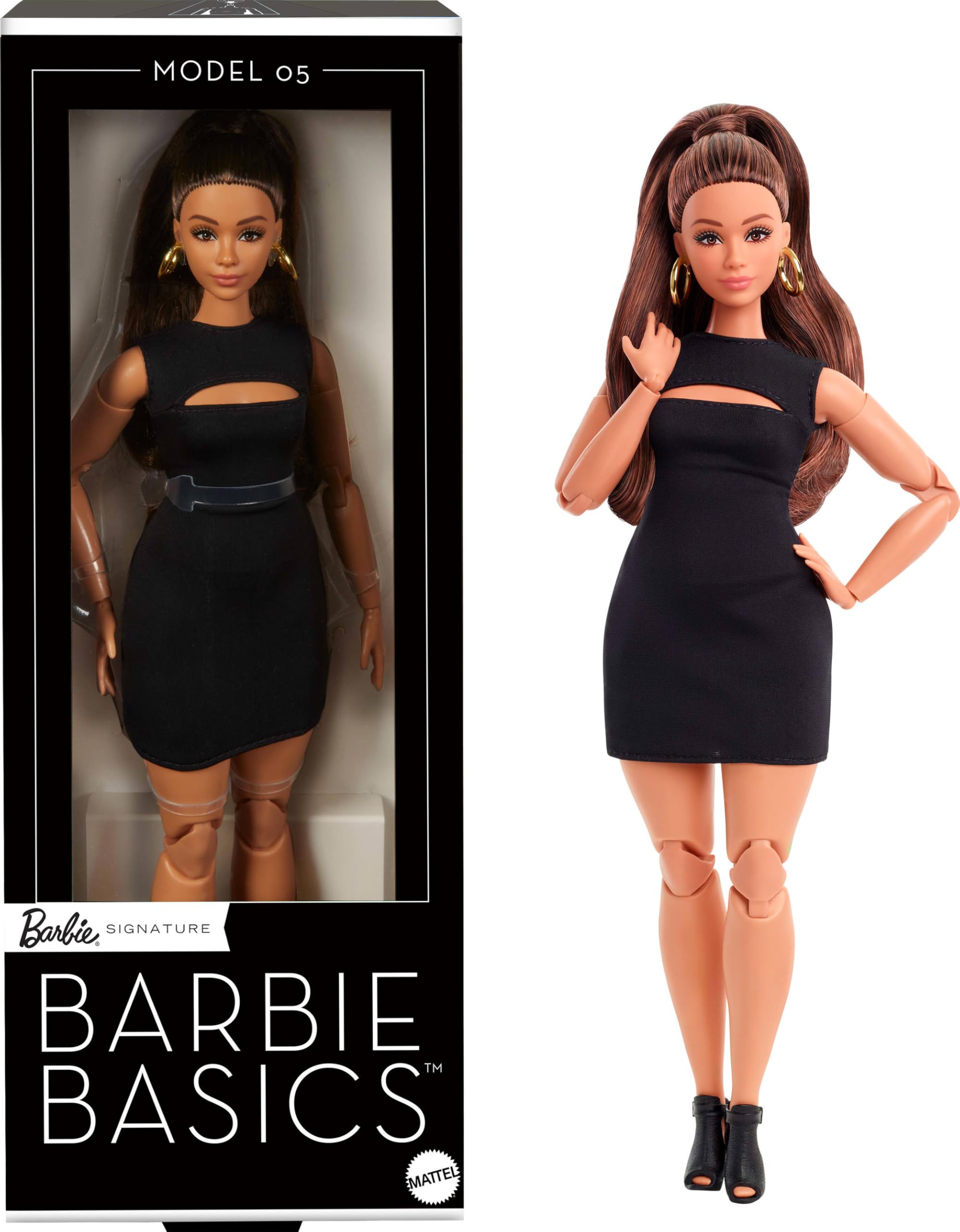 Photo 1 of Barbie Basics Model 05 Collector Doll with Brunette Hair, Black Mini Dress & Heels, Universal-fit Fashions, Posable Curvy Body & Swappable Doll Head