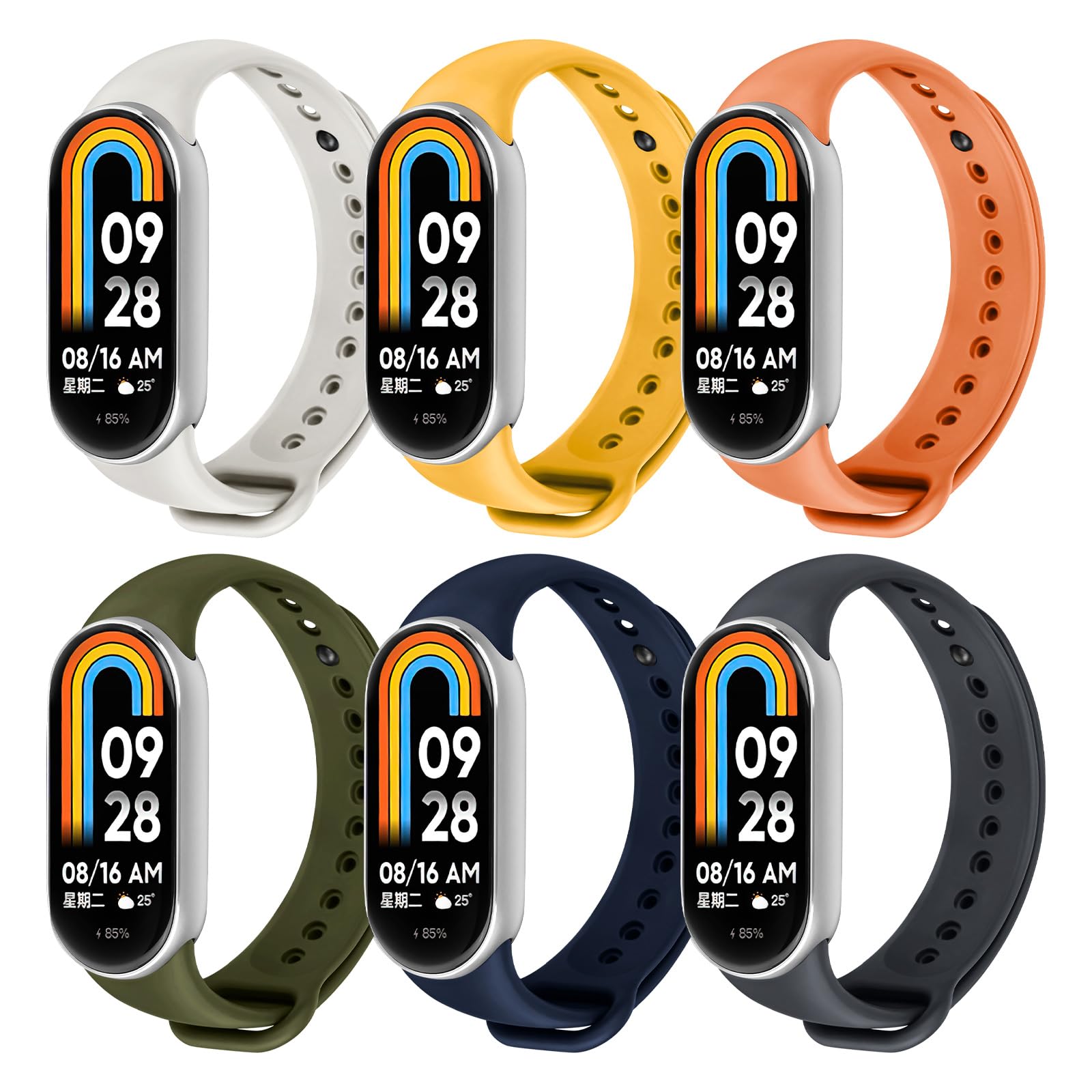 Ainiv Silicone Replacement Watchband Compatible with Xiaomi Mi Band 7/6/5, 6 Pack 16mm Width, Multicolor, Adjustable Sports Strap