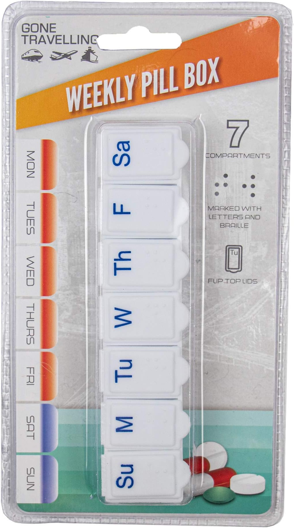 Gone Travelling RY654 Weekly 7 Day Pill Box Organiser with Easy Open Flip Top Lids on Dispensers Compartments with Braile, White