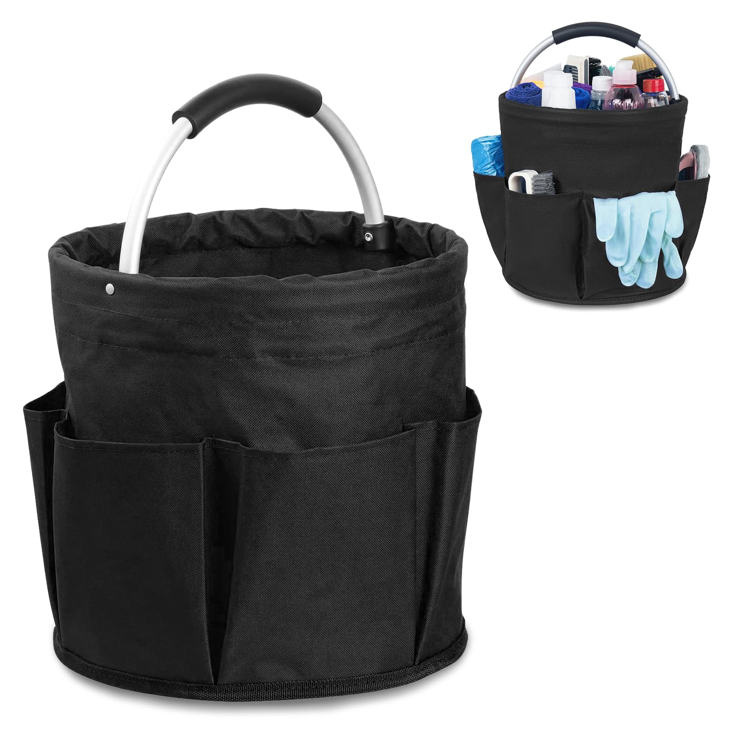 Esteopt Cleaning Caddy with Handle,Tool Bag with Handle,Cleaning Caddy Organiser,17L Bucket Tool Organizer Bag,Collapsible Garden Small Tools Bag,cleaning hamper basket,Multi pocket Craft (Black)