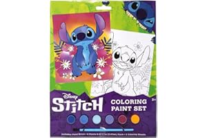 INNOVATIVE DESIGNS Disney Stich Coloring Paint Set - Disney Lilo and Stitch Movie Kids Art Set, Includes 6 Acrylic Paint Set, Brush, and 2 Coloring Sheets, Fun Children Painting Set Activity for Boys and Girls Ages 3+