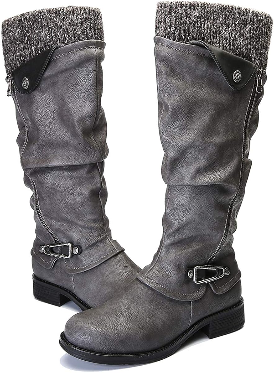  | gracosy Leather Knee Boots, Women's Knee High Boot Flat Heel Zipper Buckle Riding Boots | Knee-High