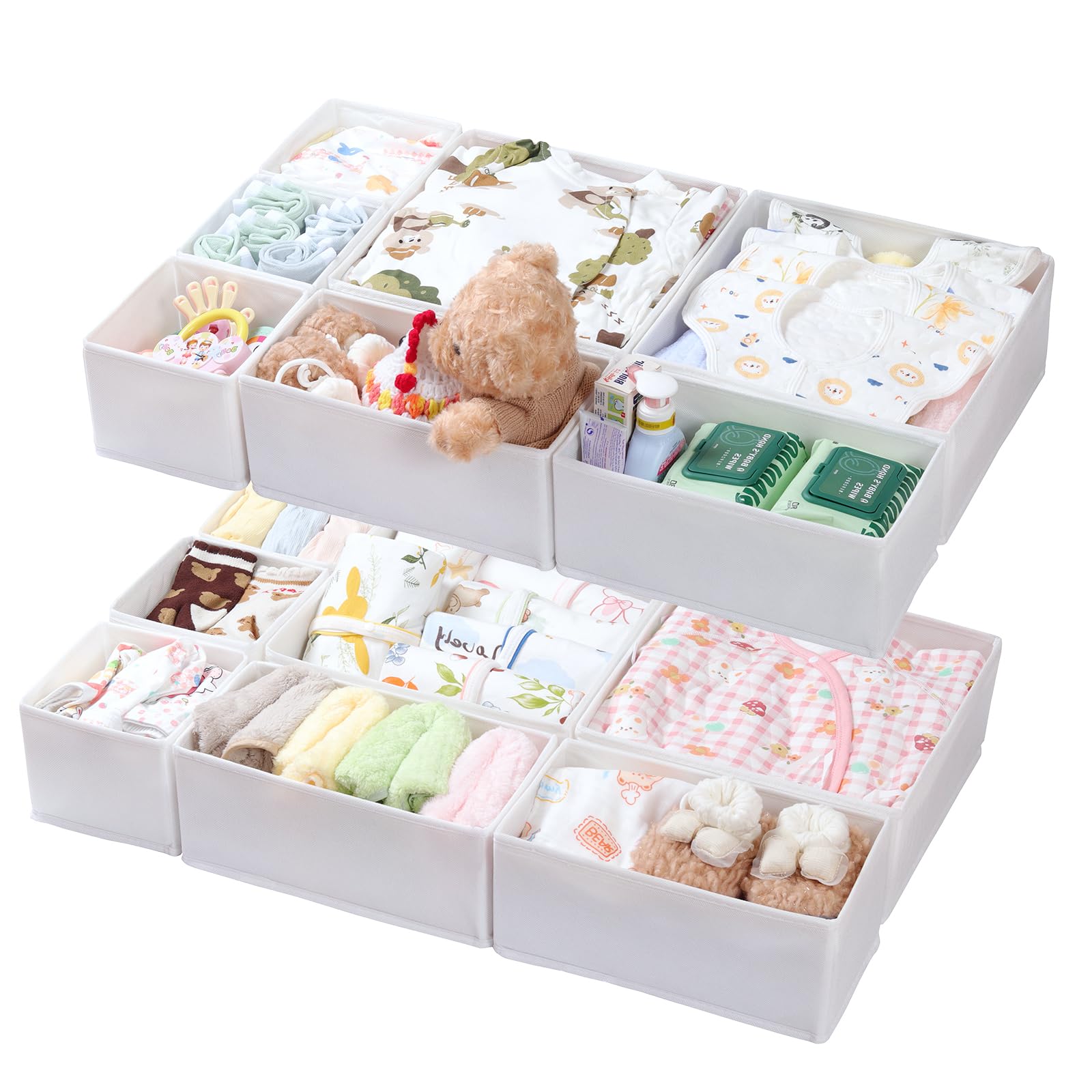 ORLISA 14-Pack Clothes Drawer Organisers – Fabric Baby Drawer Dividers, Foldable and Wardrobe Storage Organiser – 3 Sizes, for Underwear, Baby Clothing, Bras, Socks, Ties, Scarves, White
