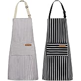 NLUS 2 Pack Kitchen Cooking Aprons, Adjustable Bib Soft Chef Apron with 2 Pockets for Men Women(Black/Brown Stripes)