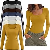 Sweetyweee 7 Pack Women's Long Sleeve Shirts Multipack Scoop Neck Tops Slim Fit Undershirt Basic Layer Winter