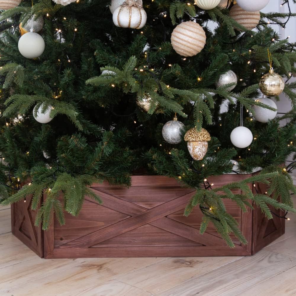 Tree Stands - Rustic Wooden Tree Collar Box - Farmhouse Christmas Tree Stand Decor with Vintage Weathered Wood (Folding, Brown) - Christmas Tree Box Stand Farmhouse Rustic Decor - Vintage Weathered Wood Decoration